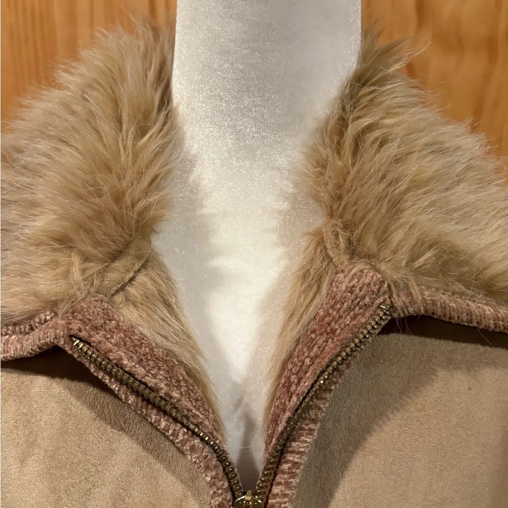 Lisa International faux suede sweater jacket faux fur trim and collar women’s M Tan Size M - Image 4