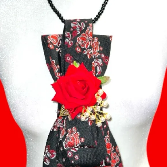 “Dainty Dapper”Floral Black Necktie necklace with Red Rose Accent - Image 2
