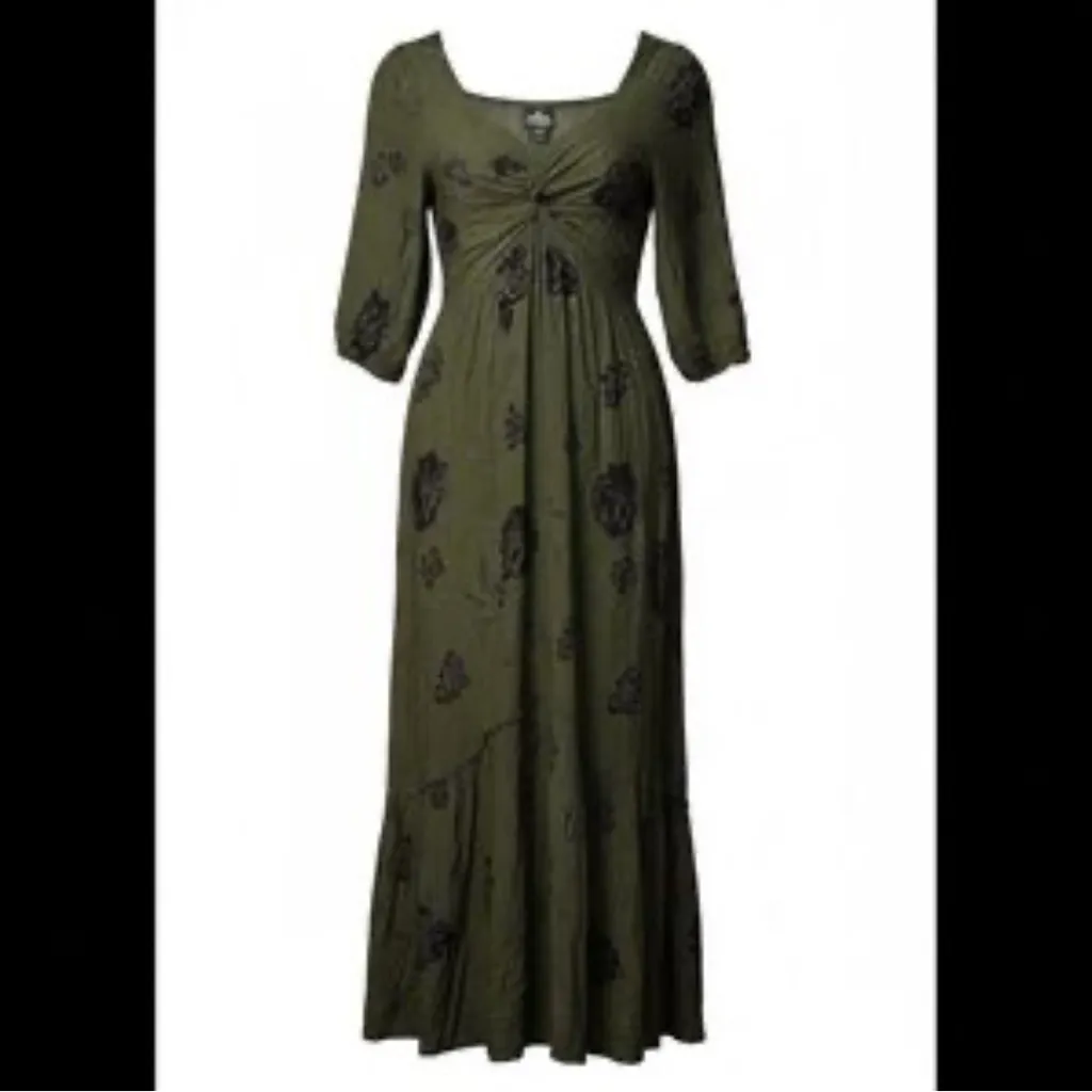 Angie Jeannie Floral Twist Front Midi Tiered Dress Green Black Boho Med Smocked - Image 3