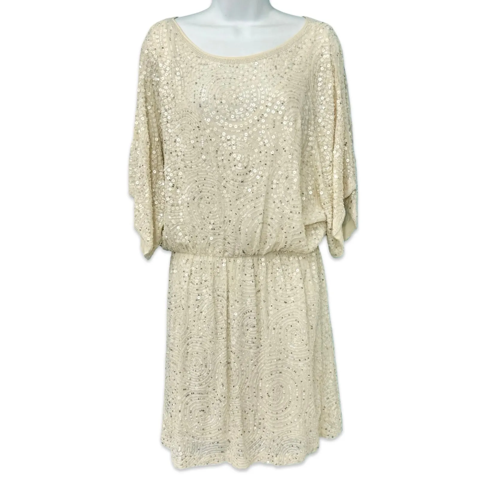 Alexia Admor Ivory Beaded Sequin Dolman Short Sleeve Silk Mini Dress size S / M - Image 7