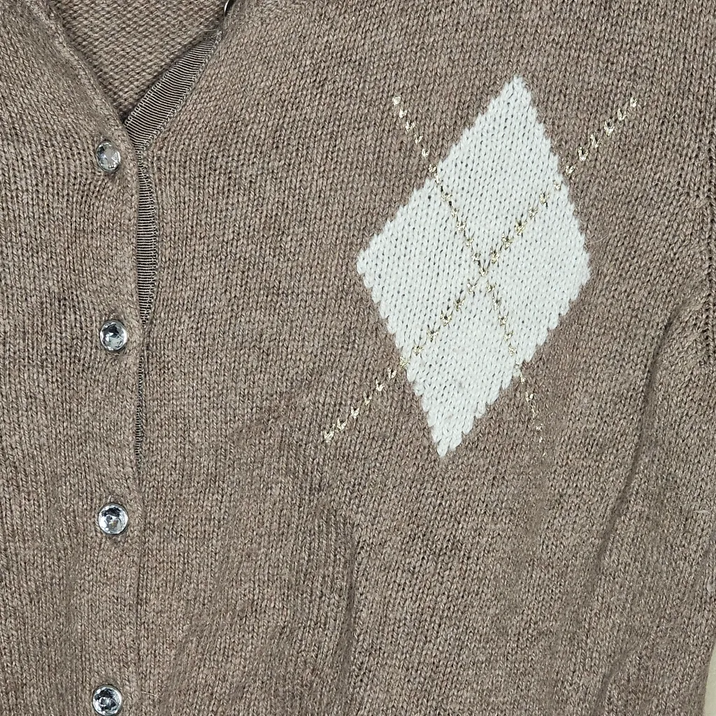 Old Navy Y2K Tan Argyle Rhinestone Button Medium Rabbit Hair Cardigan - Image 3