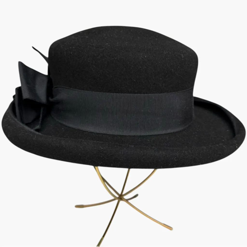 Vintage Brooks Brothers Black Pork Pie Hat Bow Accent Vintage Wool Large Fit - Image 2