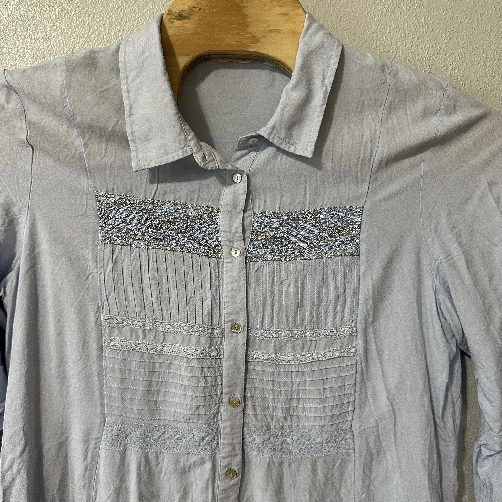 Soft Surroundings Size XL Blue Button Up Tunic Embroidery Crochet Pleated‎ - Image 2