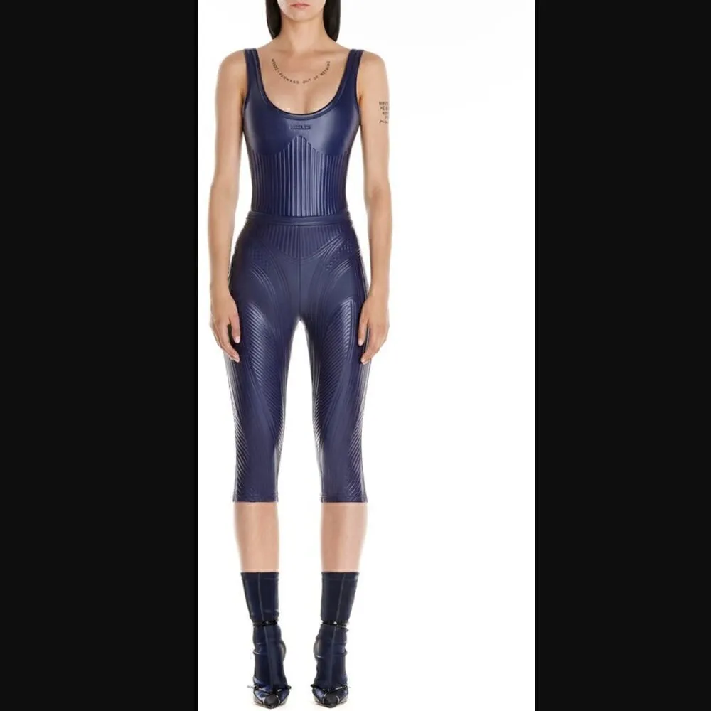 Mugler Bodysuit + Midi Leggings US 12 Two Piece Logo Embossed Luxury Celebrity Blue - Image 4