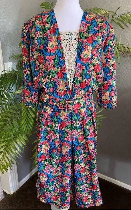 Vintage Breli Original silky floral pencil skirt midi dress shoulder pads lace 8 Multiple - Image 3