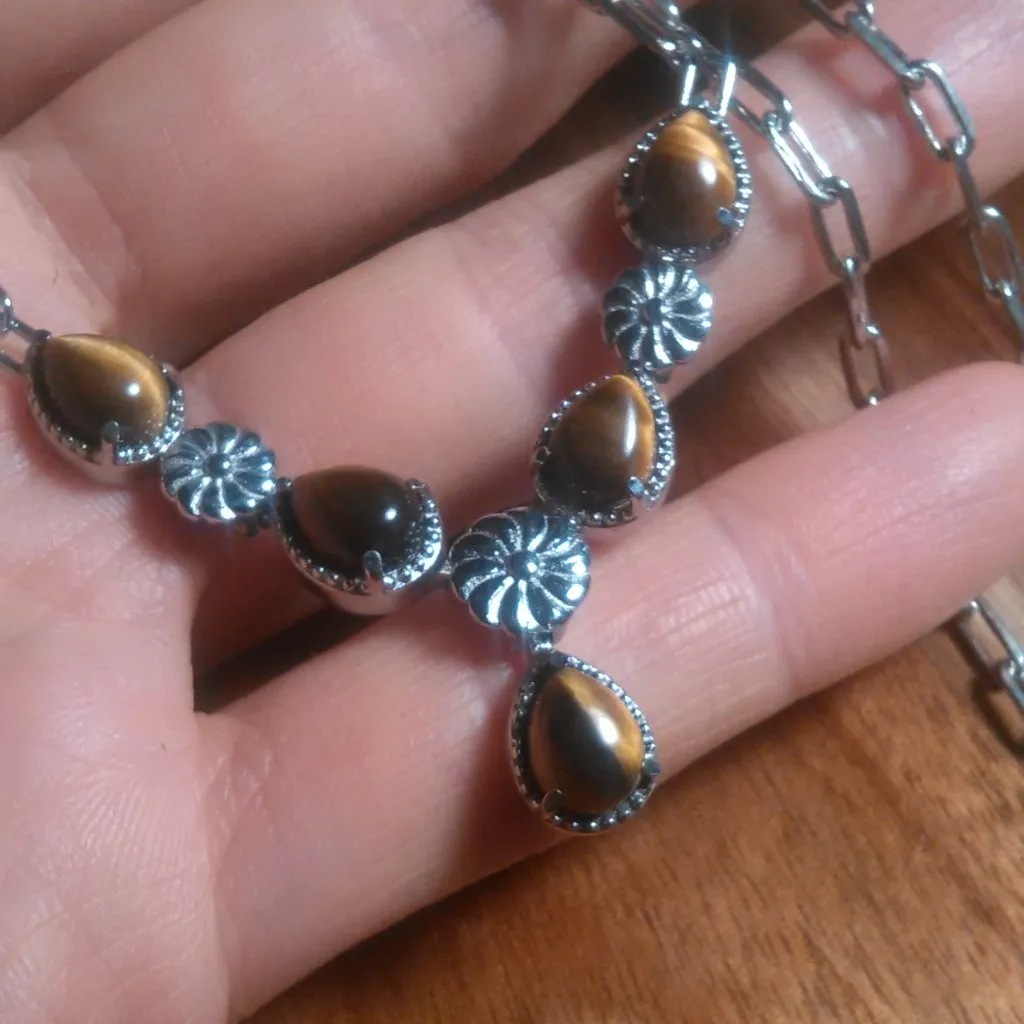Tiger's Eye Platinum Bond and Stainless Steel Floral Necklace - Image 7