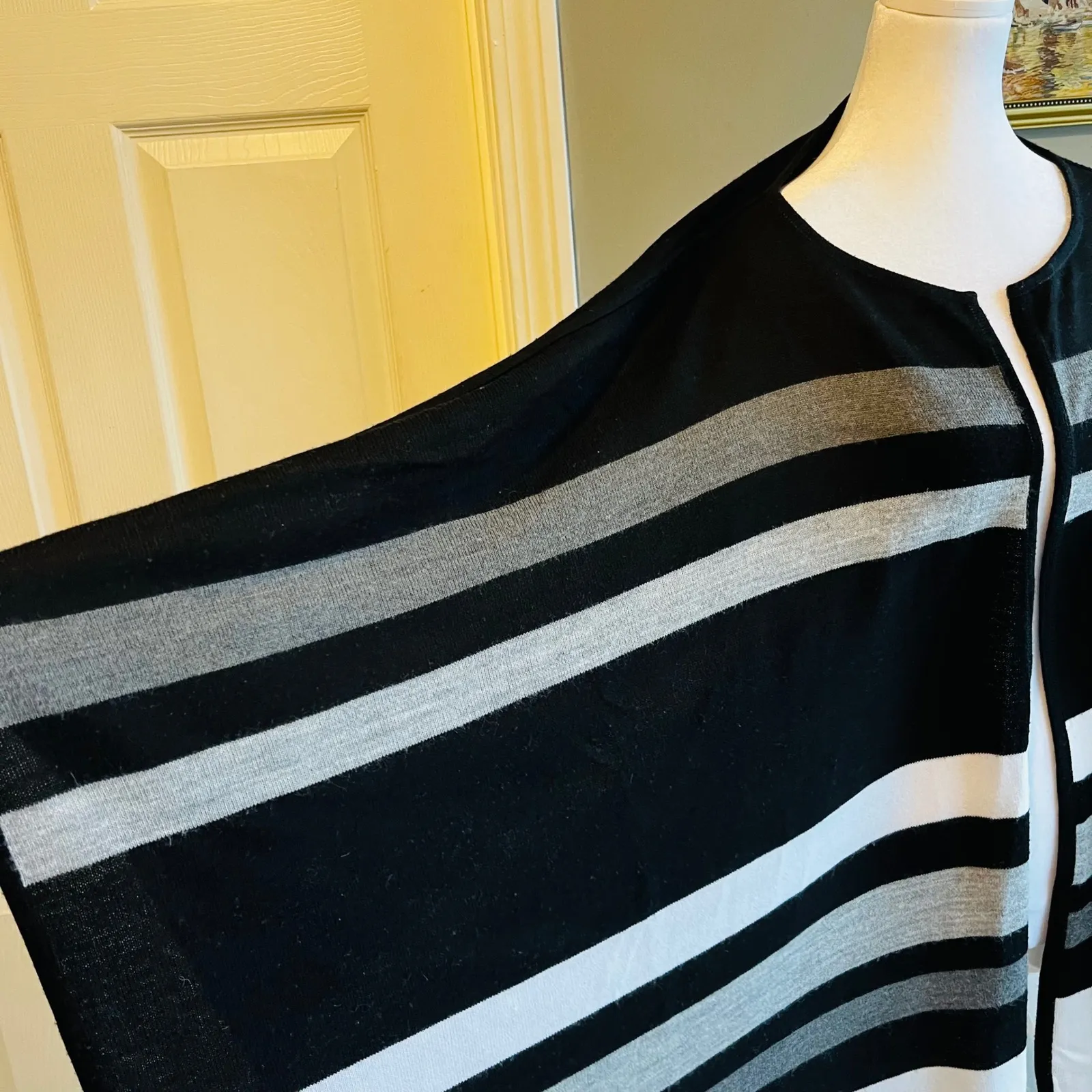 Chic Striped Open Front Cardigan Poncho Black White Gray Soft Bohemian Winter Size undefined - Image 3