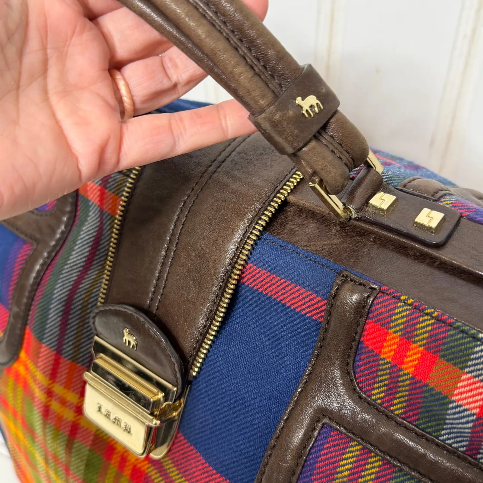 L.A.M.B. Plaid Satchel Doctor Bag Leather Trim Crossbody Strap Gold - Image 6