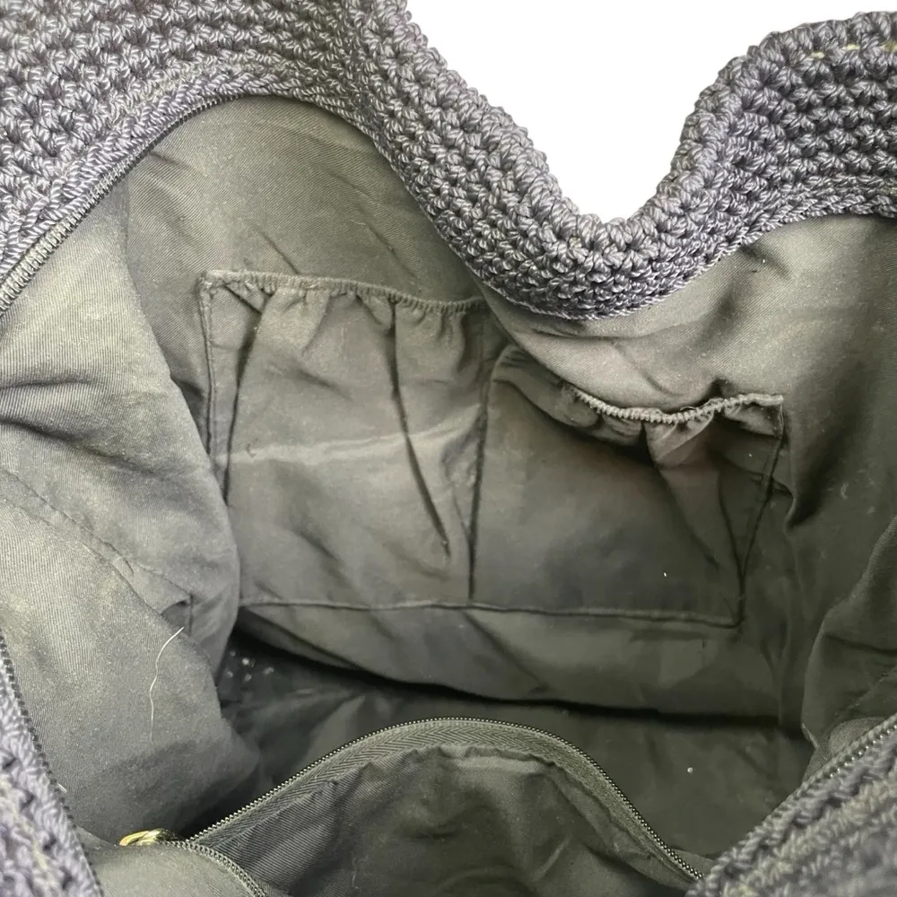 The Sak Cambria Crocheted Large Double Strap Zip Top Tote Navy Woven Ribbon EUC - Image 5