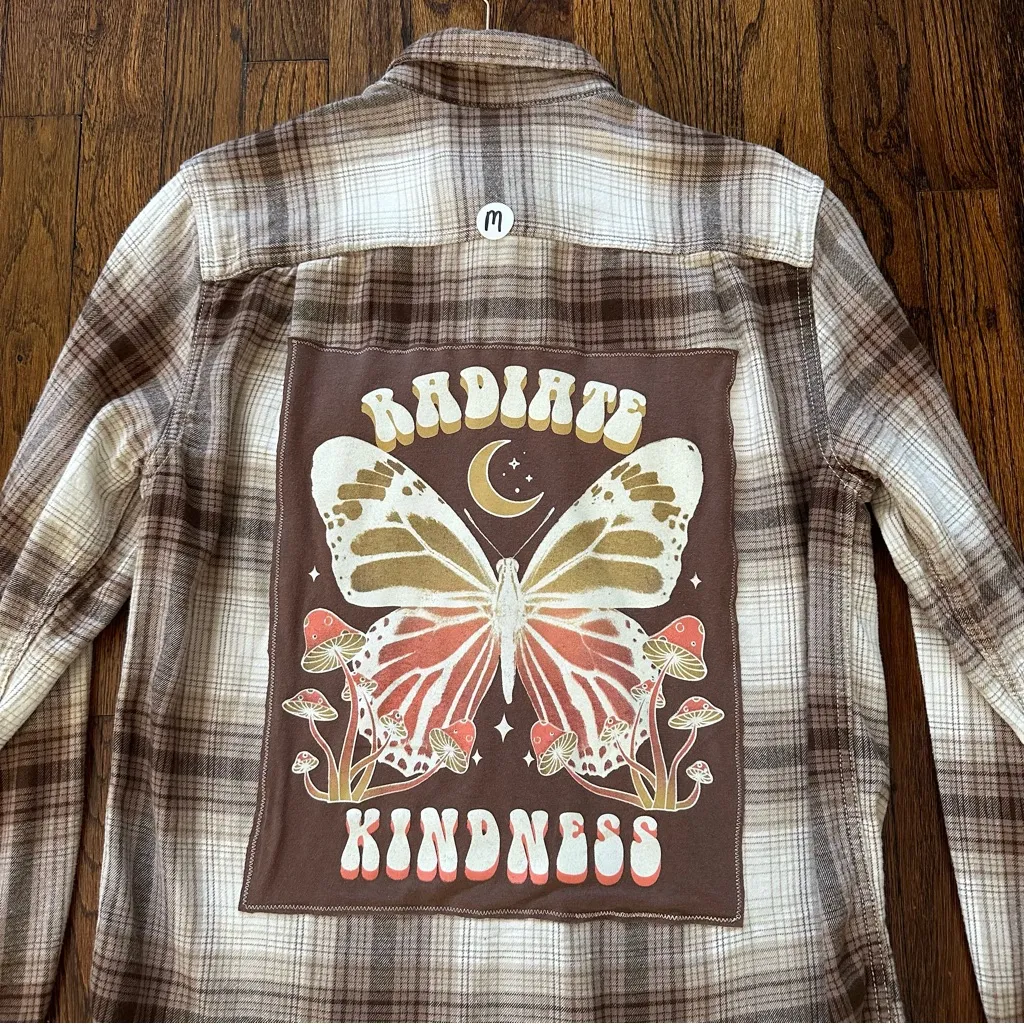 Radiate Kindness Butterfly Graphic Plaid Flannel Shirt Medium - Image 2