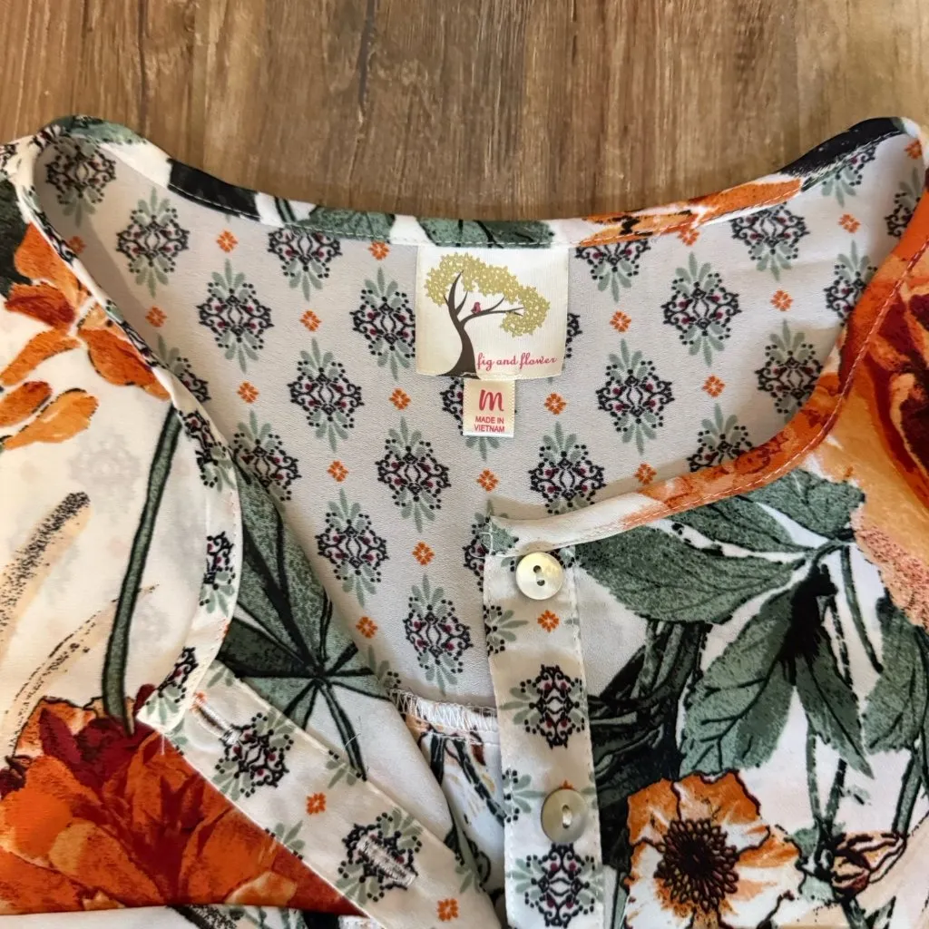 Anthropologie Fig & Flower Top White Multi Floral 1/4 Button 3/4 Sleeves Tunic - Image 2