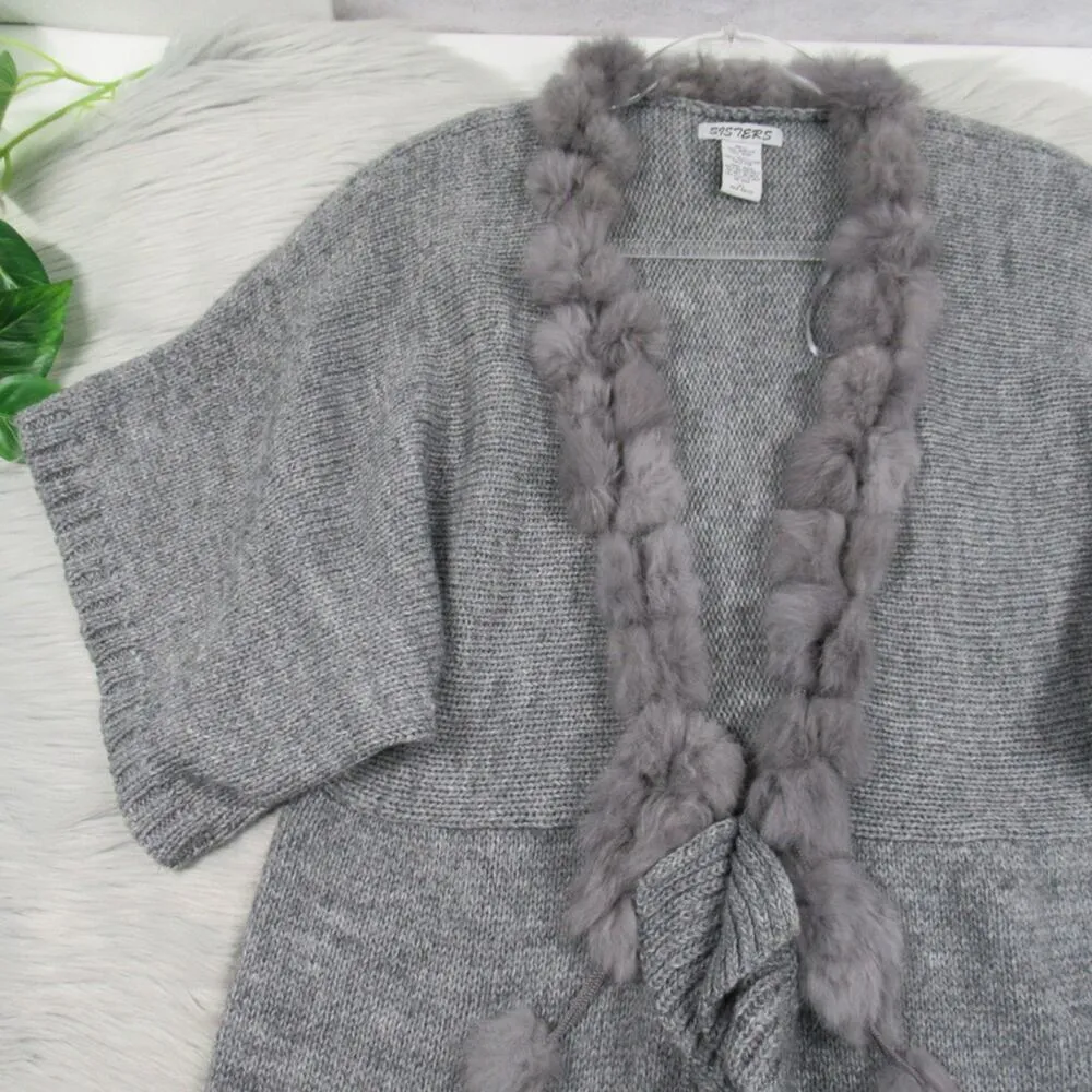 SISTERS Gray Knit Long Sweater Duster Wool Blend Faux Fur Trim Women’s Size XL - Image 4