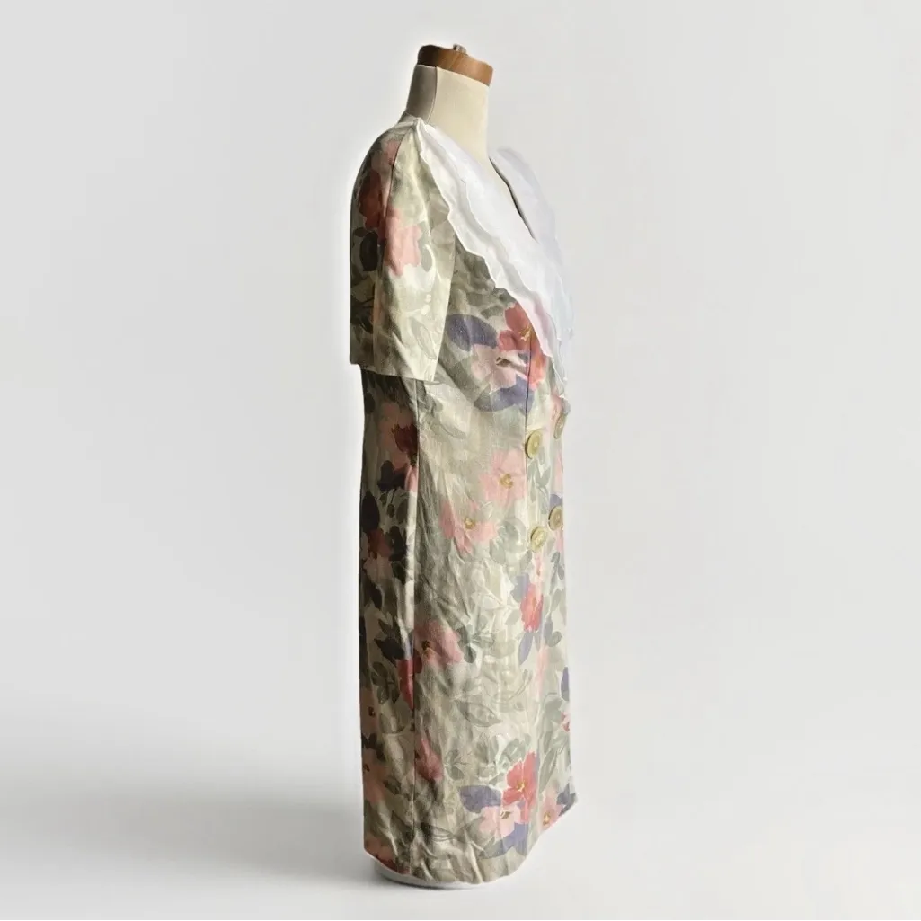 Vintage Leslie Fay Midi Dress Flax Floral Chiffon Shirt Sleeve ILGWU 8 Petite - Image 5