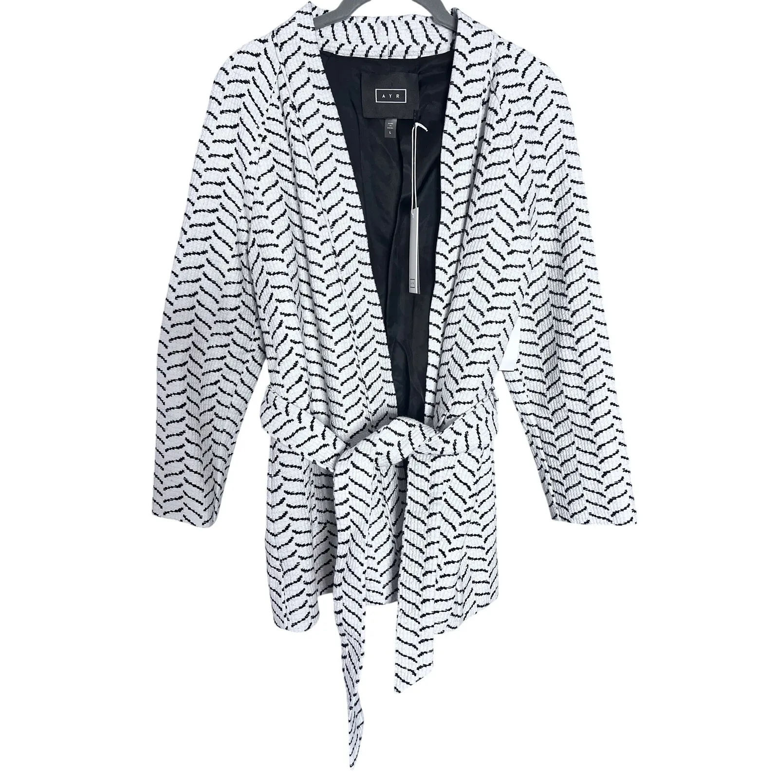 AYR  White Seagull Herringbone Pattern Belted Blazer Jacket Size L - Image 3