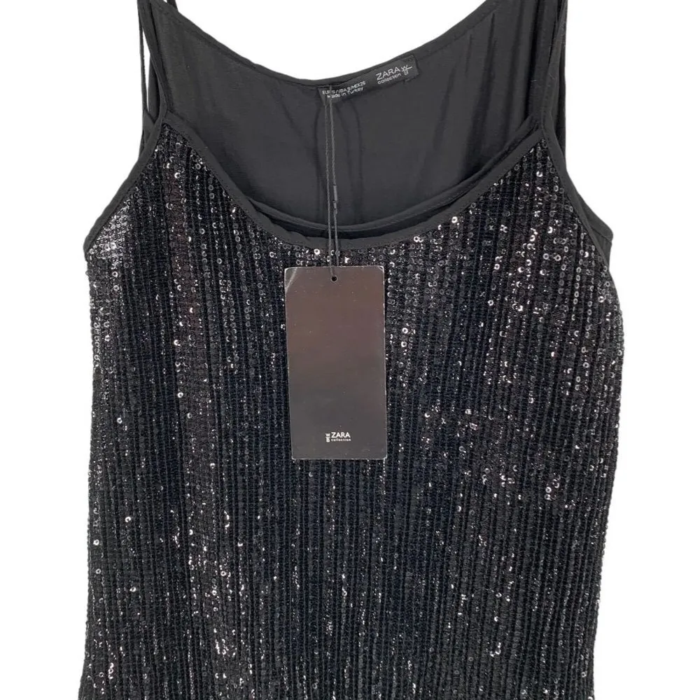ZARA NEW  Black Polyester Sequin Layered Sleeveless Tank Size Small - Image 4