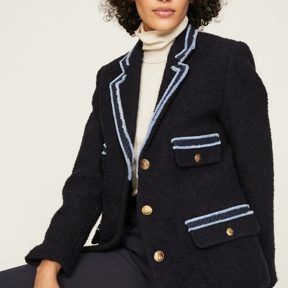 Sandro Noella Navy Tweed Blazer Sz 36 US Sz 4 Braid Trimmed Lined - Image 10