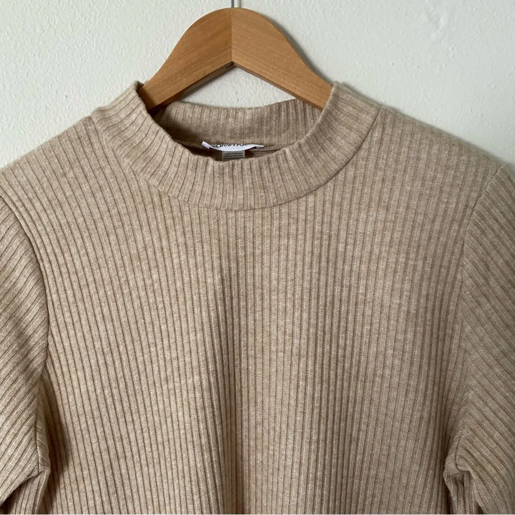 Calvin Klein Ribbed Mock Neck Short Sleeve Sweater Beige NWT Women's Size Large - Image 4