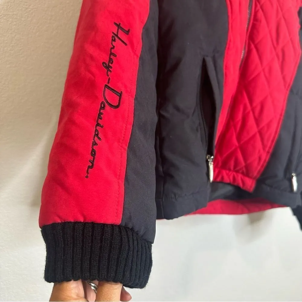 Harley Davidson Womens Small Red Black Quilted Down Feather Jacket Logo Biker - Image 4