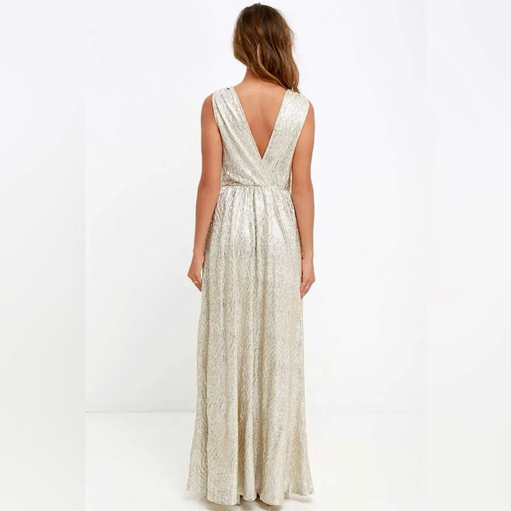 NWT‎ Lulu's All That Shimmers is Gold Sleeveless V-Neck Maxi Dress Sz Small - Image 5