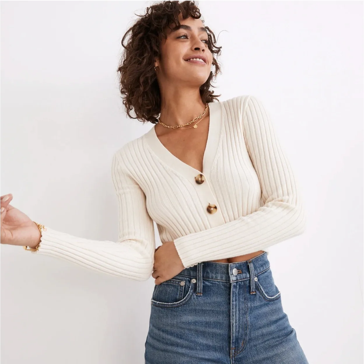 Madewell Brenville Crop Cardigan XS Antique‎ Cream Ribbed Sweater 90s Fit EUC - Image 2
