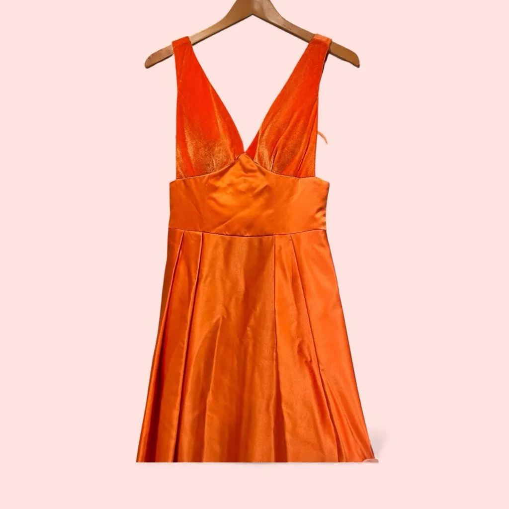 Stunning tangerine dream velvet deep v satin maxi dress mesh side panel ballgown - Image 4