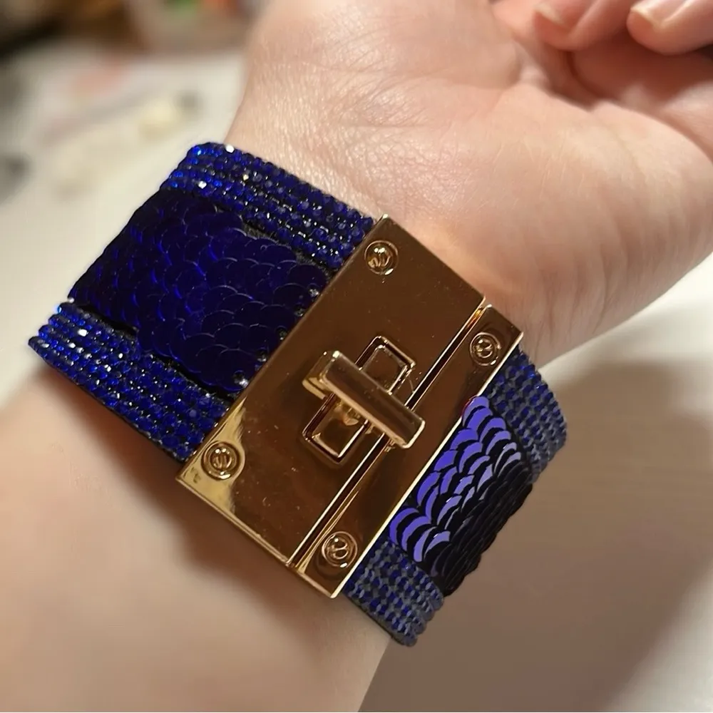 Blue Sequin & Gold Cuff Bracelet - Image 4