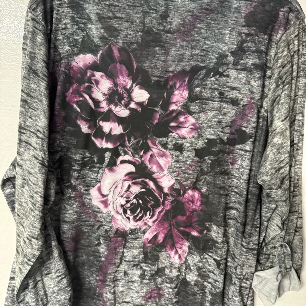 Dressbarn Shirt 3X Gray Purple Rose Floral Rhinestone Art to Wear Drawstring - Image 9