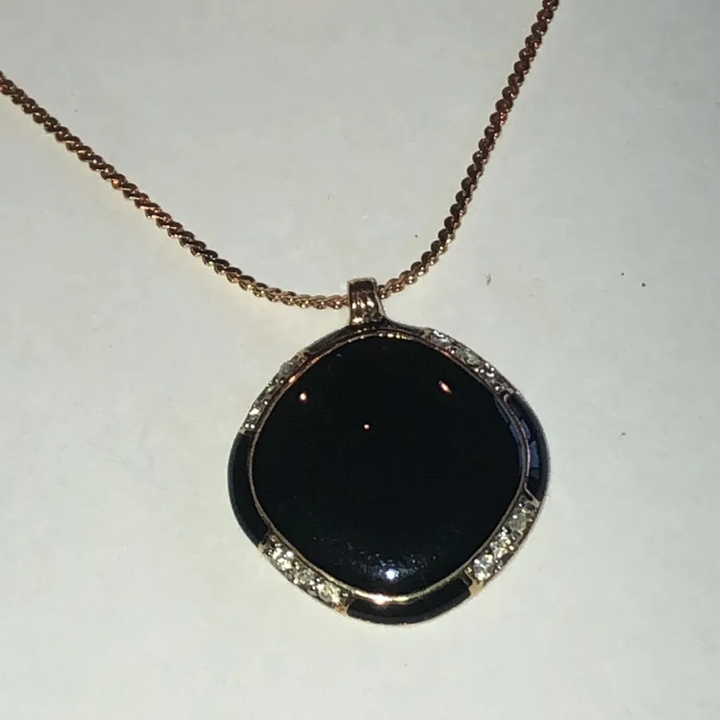 Angel Brand Signed Black Enamel Gold Tone Rhinestone Pendant Necklace - Image 4