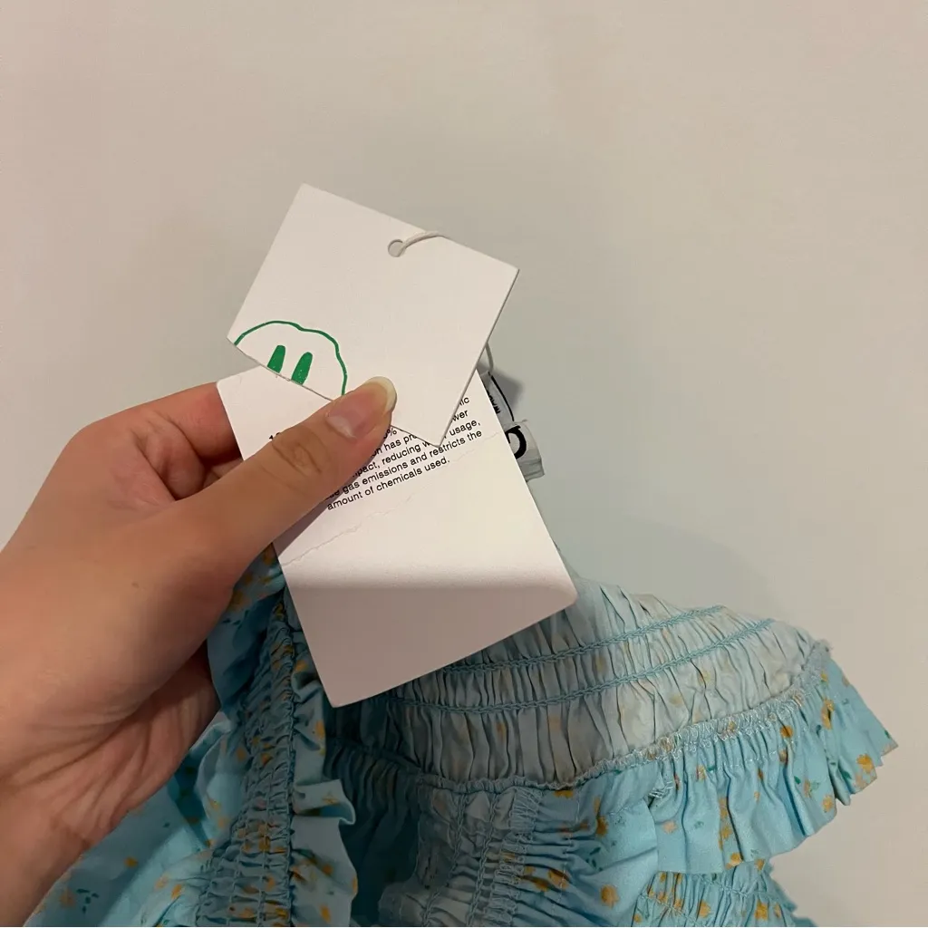 Ganni Shirred Floral Cotton Poplin Mini Blue Dress - Image 8