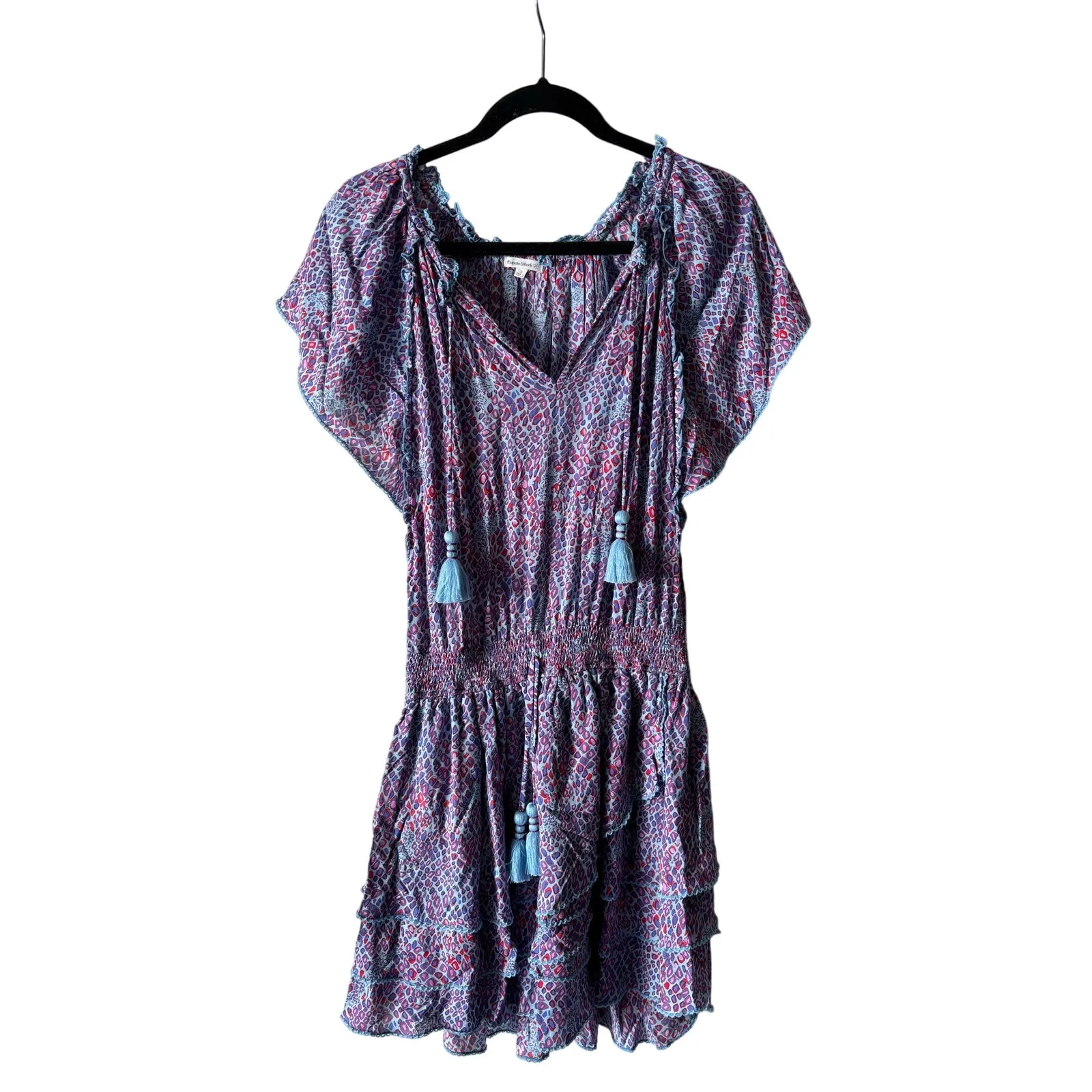 Poupette St. Barth Elsa Tiered Printed Mini Dress, purple and blue, size small - Image 5