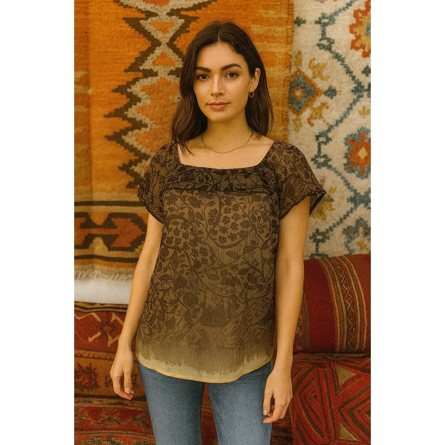 Anthropologie Edmé & Esyllte Floral Blouse Romanticcore Style 28275215 Size 0 Brown - Image 3