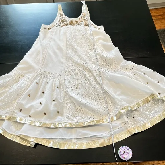 Anthropologie Leifnotes White Eyelet Gold Trim Beaded Sleeveless Dress Size 2‎ - Image 12