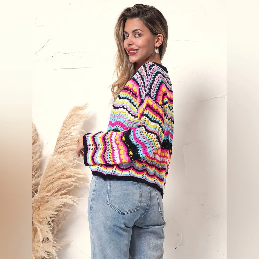 Anna Kaci Cut Out Knitted Boho Sweater Colorful Striped Knit Sweater Pink Size L - Image 2