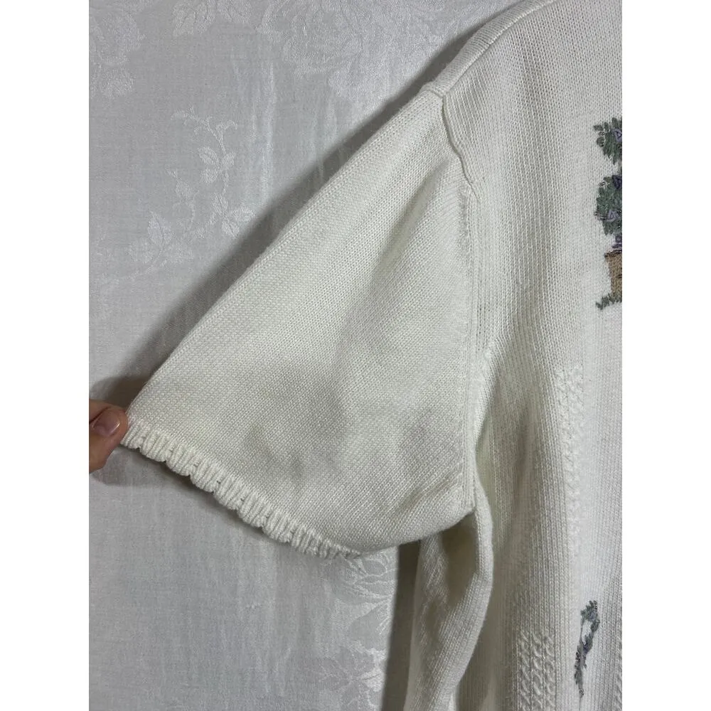 Vintage Sweater 2X Cream Purple Floral Embroidered Beaded 3D Knit Short Sleeve - Image 4