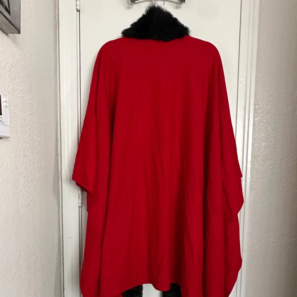 SUSAN LUCCI RED CAPE LONG PONCHO FAUX BLACK FUR OS Size undefined - Image 4