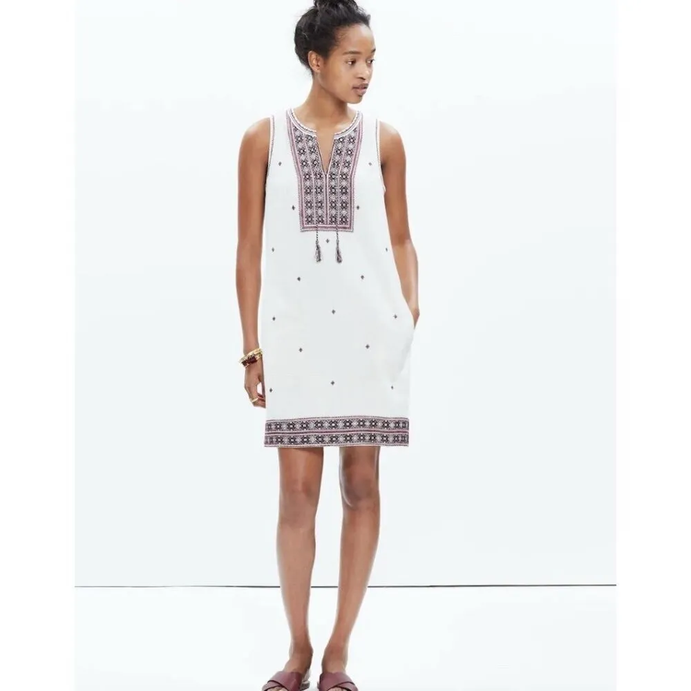 Madewell Shift Dress Women 4 Cream Red Embroidered Suncoast V Neck Boho‎ Tassle - Image 11