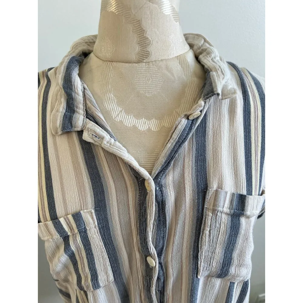 Thread & Supply Striped Short Sleeve Button Up Tunic Large Tan - Image 3