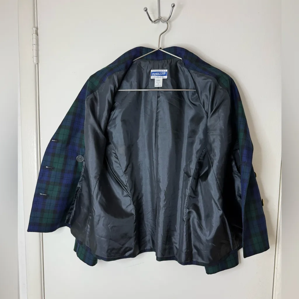 Pendleton green & blue double breasted women’s window pane plaid wool blazer 10 - Image 4