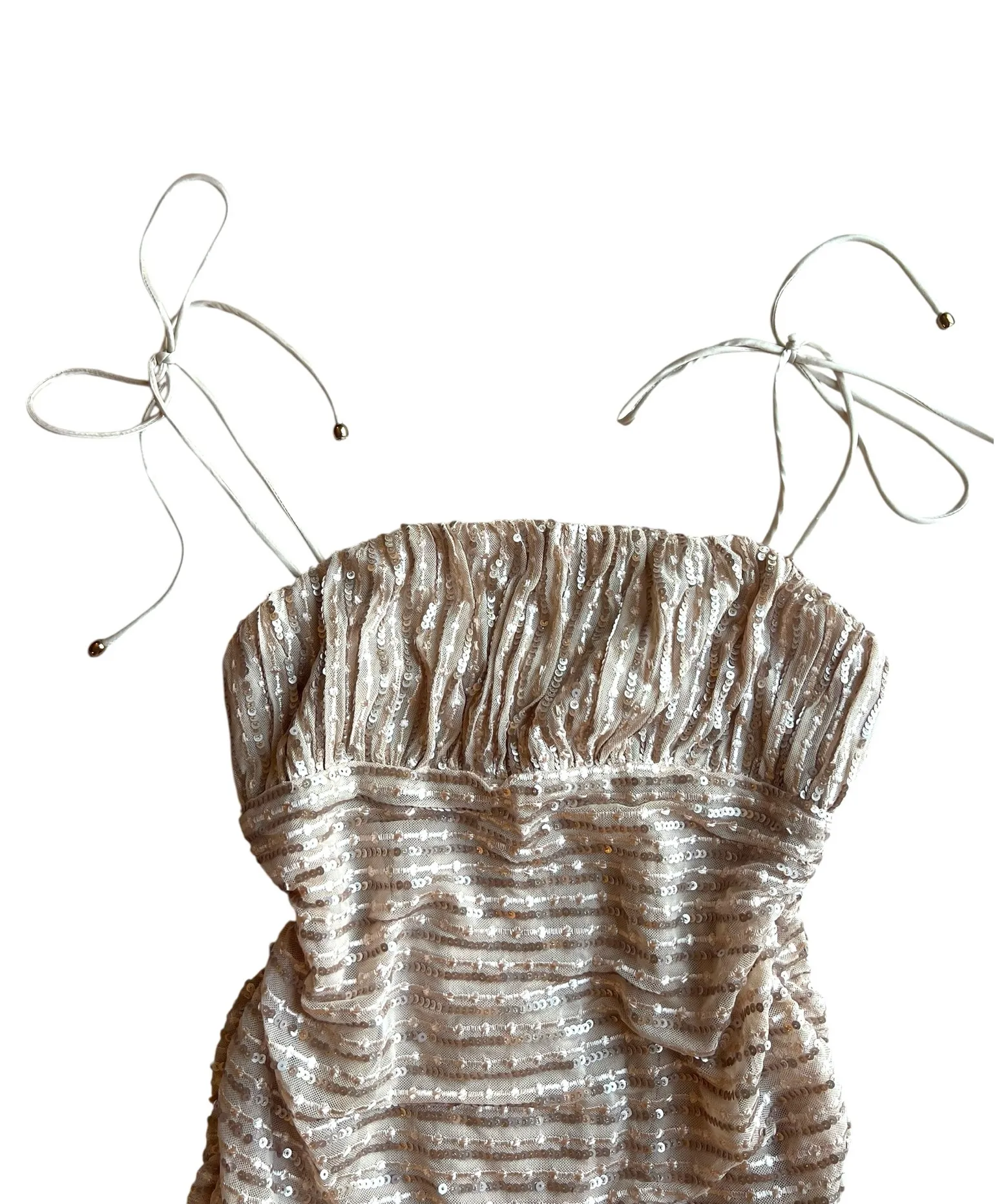 NWT! Champagne Gold Selfie Leslie Disco Doll Tied Shoulder Sequin Mini Dress - Image 4