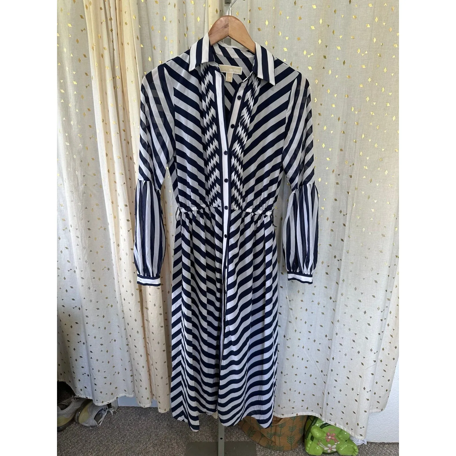 Michael Kors MK Georgette Semi Sheer Lined Chevron Striped Midi Shirtdress XS Blue - Image 3