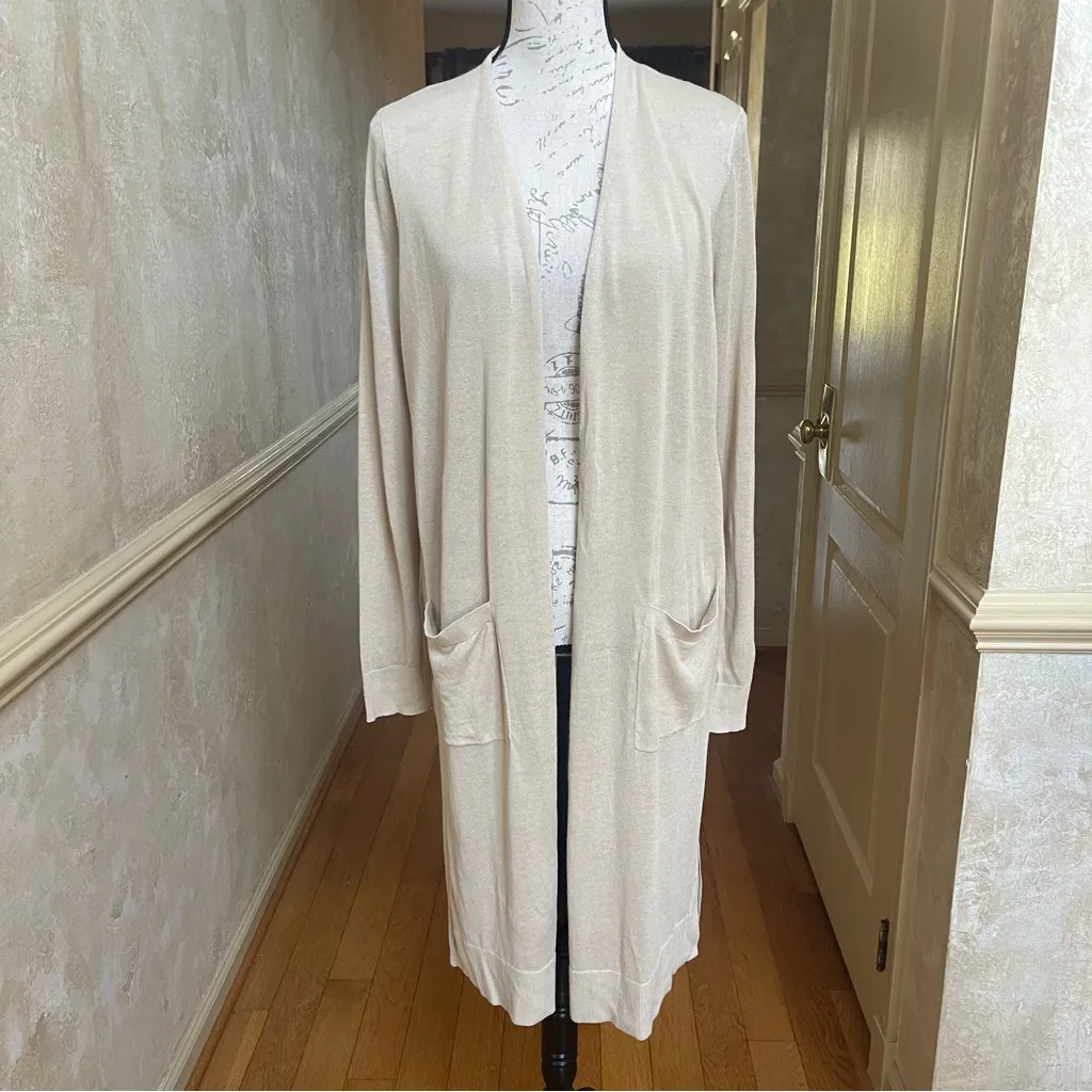 LOFT Y2K Long Open Cardigan Duster Beige Cream Size LP Pockets - Image 2
