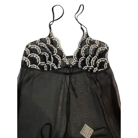 Black Sheer Embroidered Bodice Open Front Teddy Slip Mini Dress Size Small - Image 2