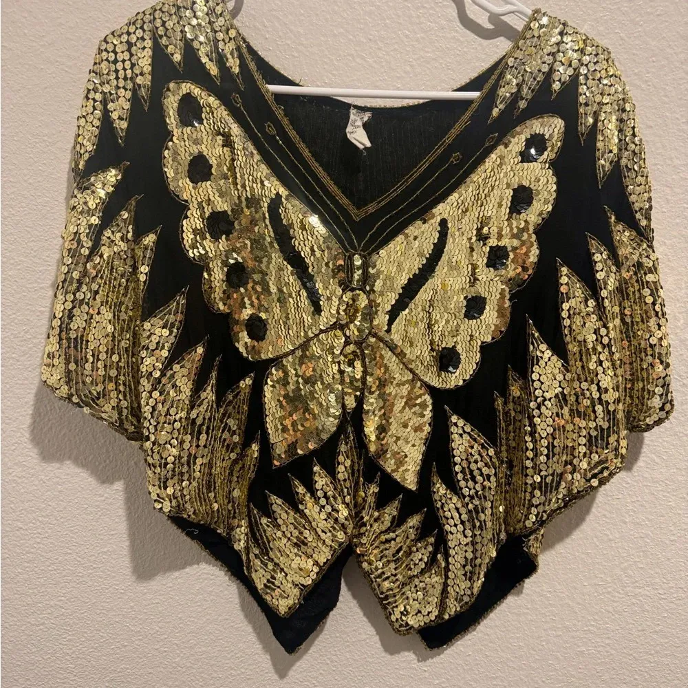 Vintage Women’s Exclusive Black and Gold Sequin Butterfly Top Size M‎ Size M - Image 9