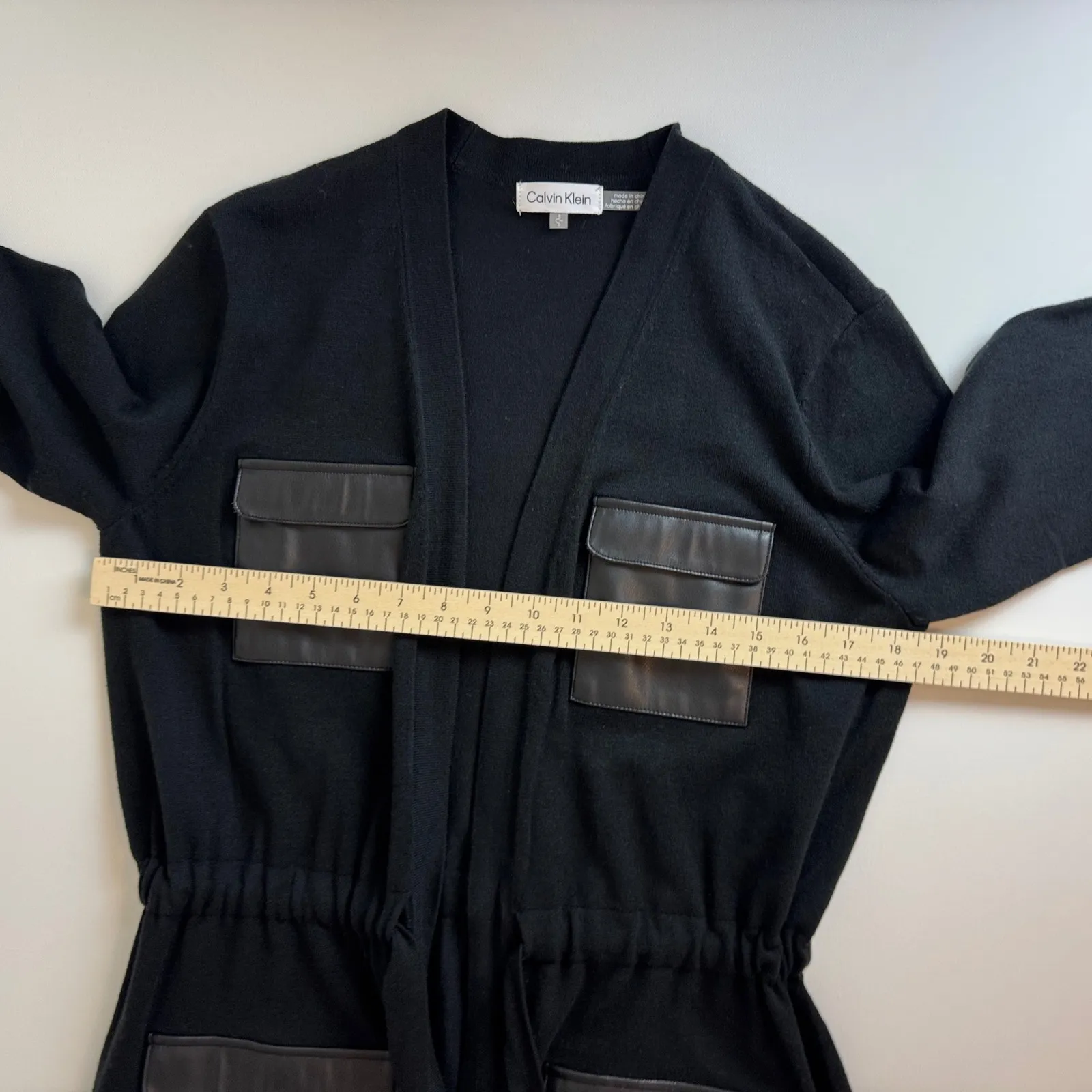 Calvin Klein Womens Faux Leather Pockets Cardigan Sz‎ S Black Tie Waist Office - Image 9