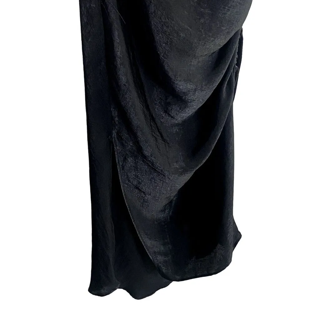 Zara Sleeveless Spaghetti Strap Ruched Draped Slit Side Midi Dress S Black 3626 - Image 5