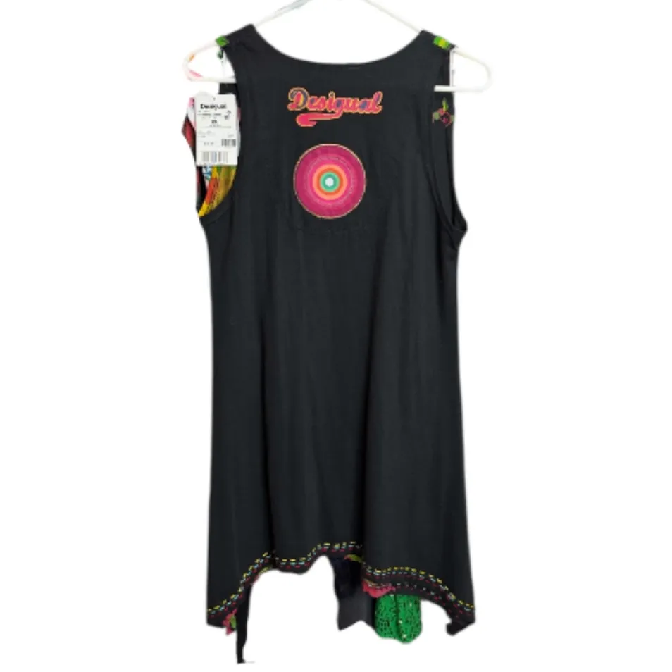 Desigual Black Floral Sleeveless Tunic Top Asymmetrical Hem. Size XL - Image 6