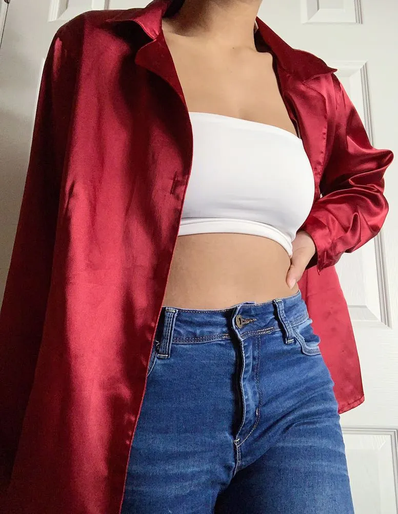 “Silk” Red Button Down Shirt Size L - Image 6