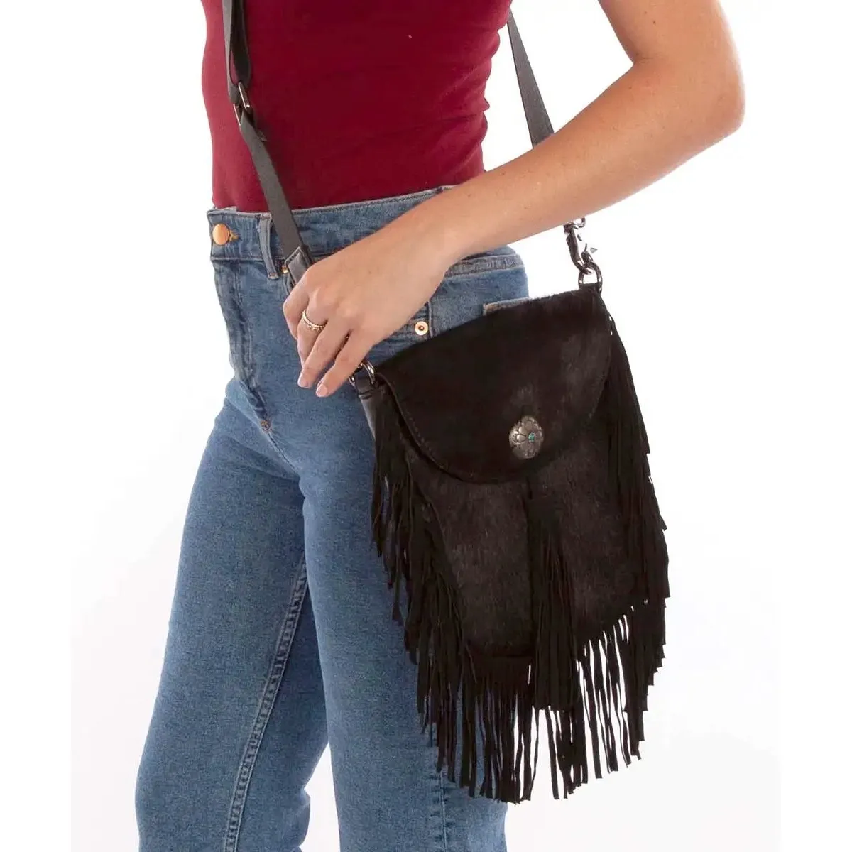 Scully Black Leather Cowhide Fringe INDIA Crossbody Shoulder Bag Boho Western - Image 9