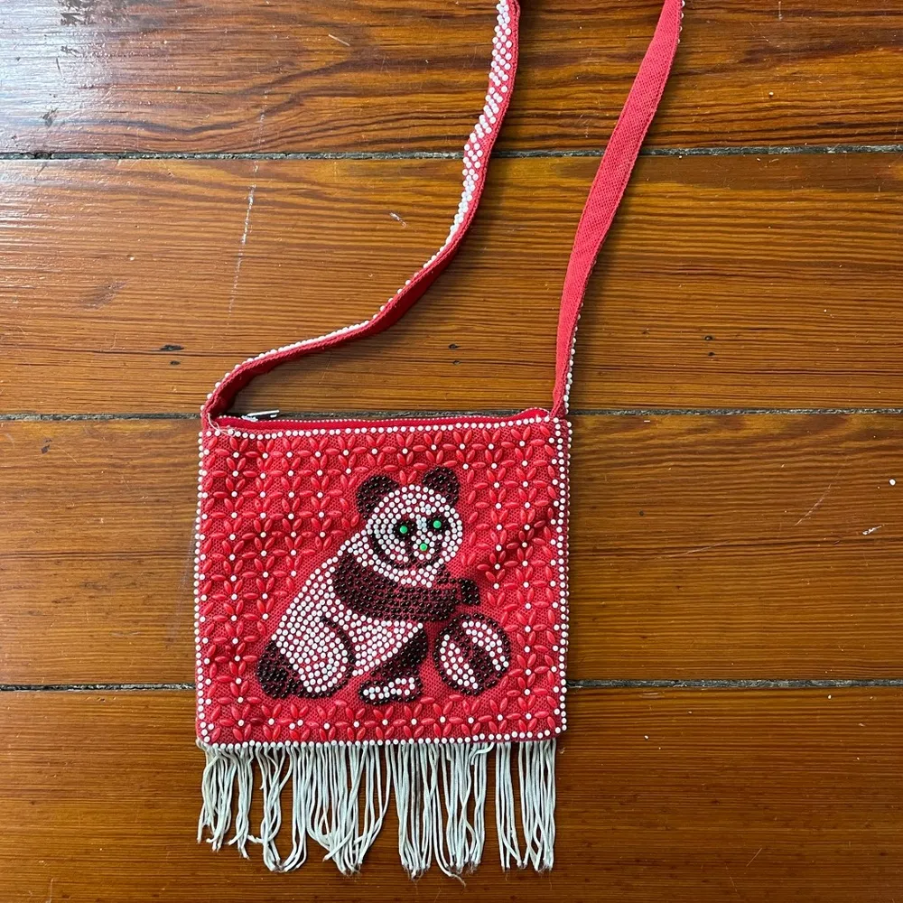 Adorable Vintage Chinese Beaded Panda Bag – Red with Fringe Detail - Image 2