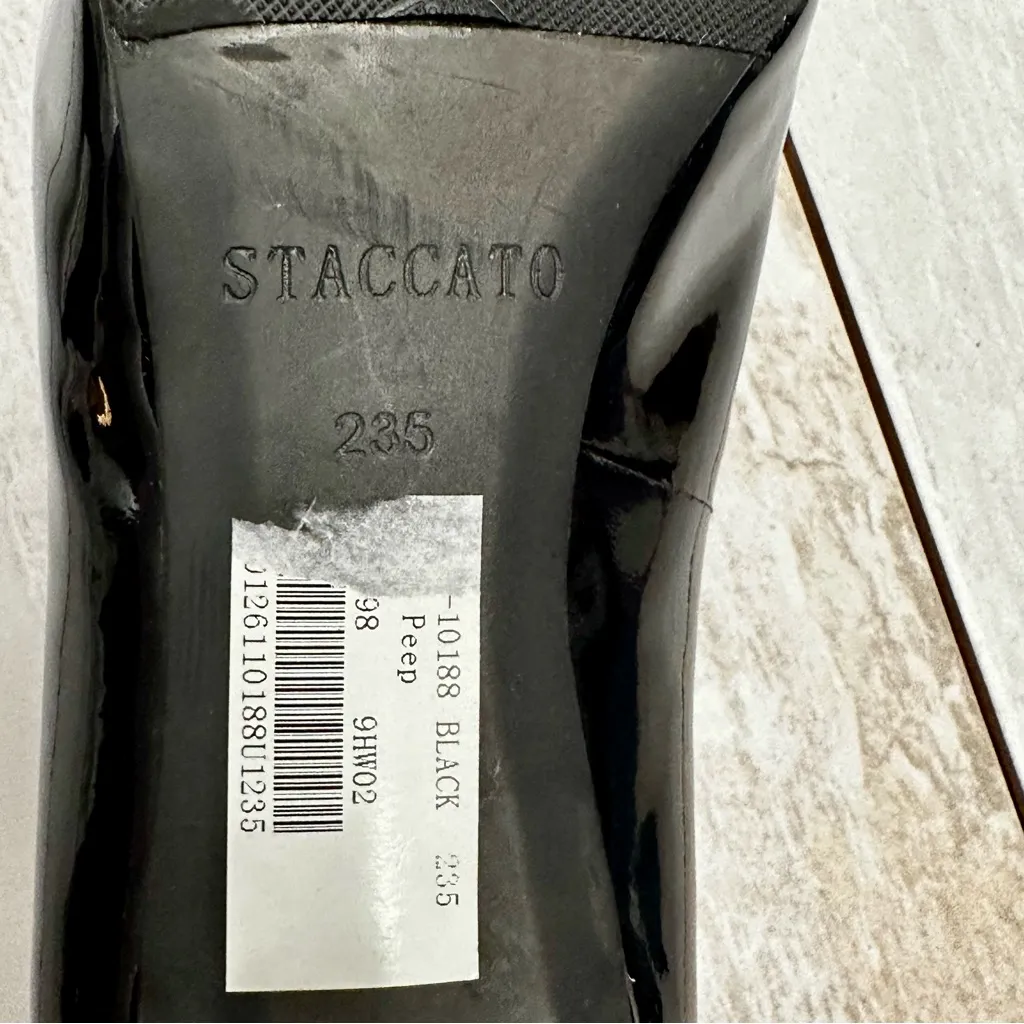 Staccato Patent Leather Glossy Black Peep Toe Heel Shoes Sexy Office Siren Chic - Image 7